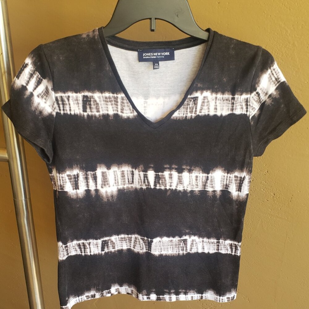 Black & White Stripe Tie Dye Tee Shirt Top Blouse - Jones New York -Petite Small